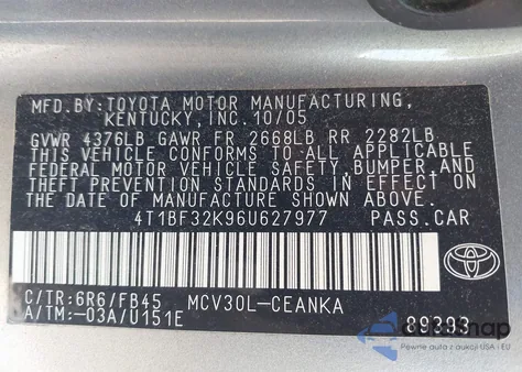 2006 Toyota Camry Le V6 from USA, damaged, VIN 4T1BF32K96U627977